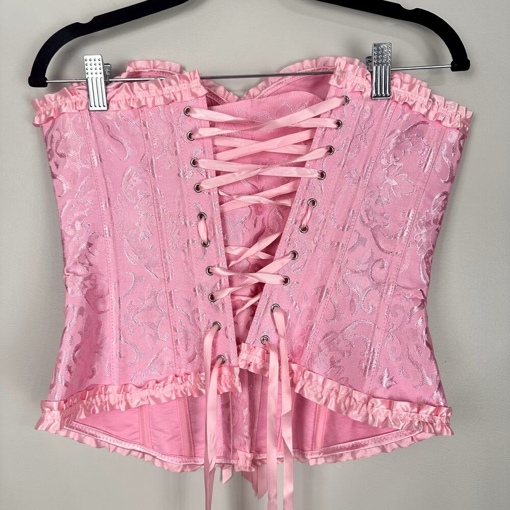 Pink Floral Jacquard Bustier Lace Up Corset Top Ruffle Hem Castle Fairy Small - Picture 5 of 14